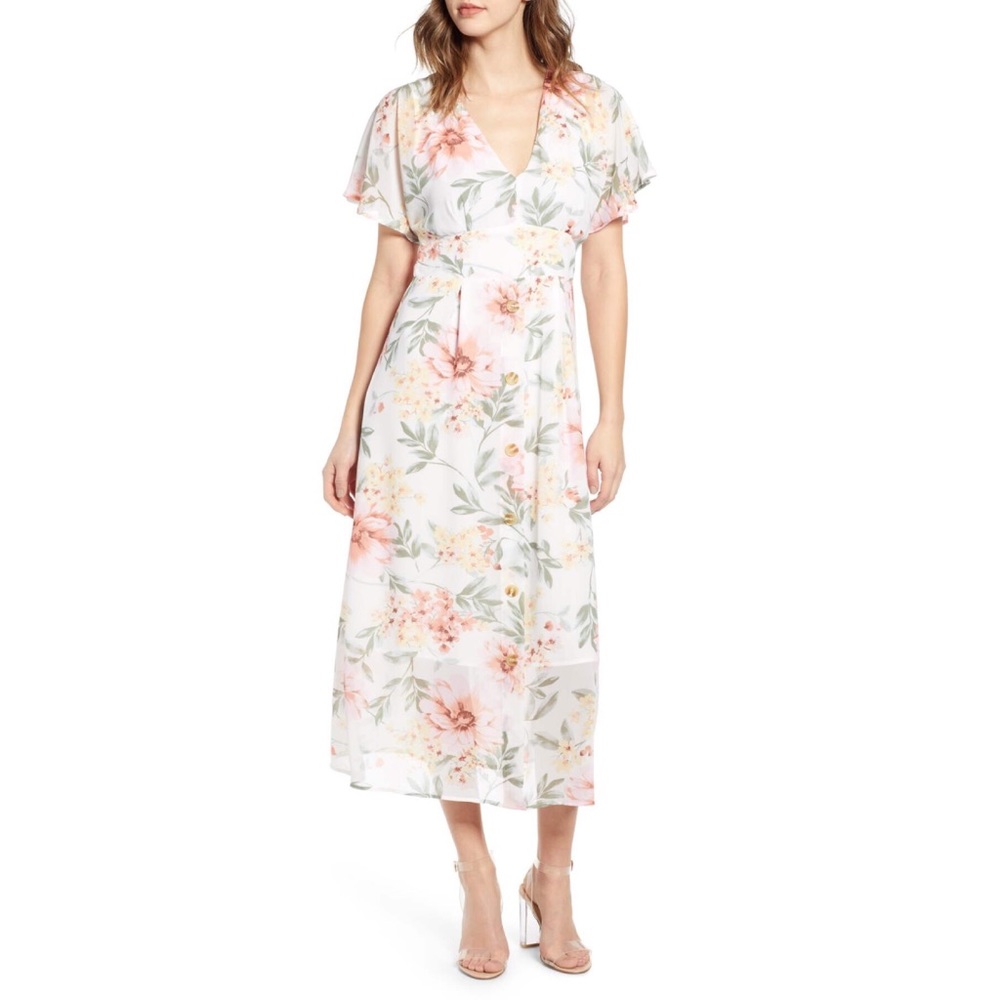 [Leith] NEW Ivory Edith Floral Long Dress V-Neck